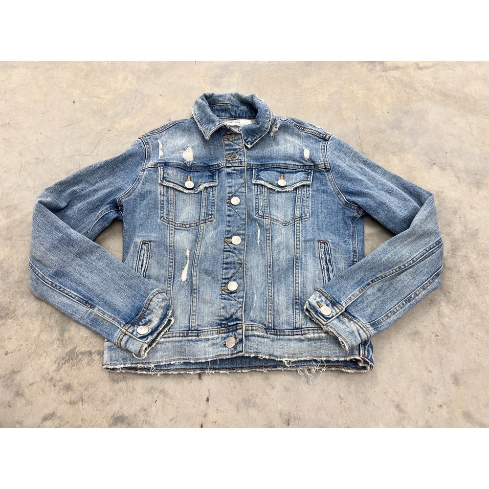 Zara Z1975 Trucker Jacket Womens M Blue Denim Distressed Button Front Raw Hem